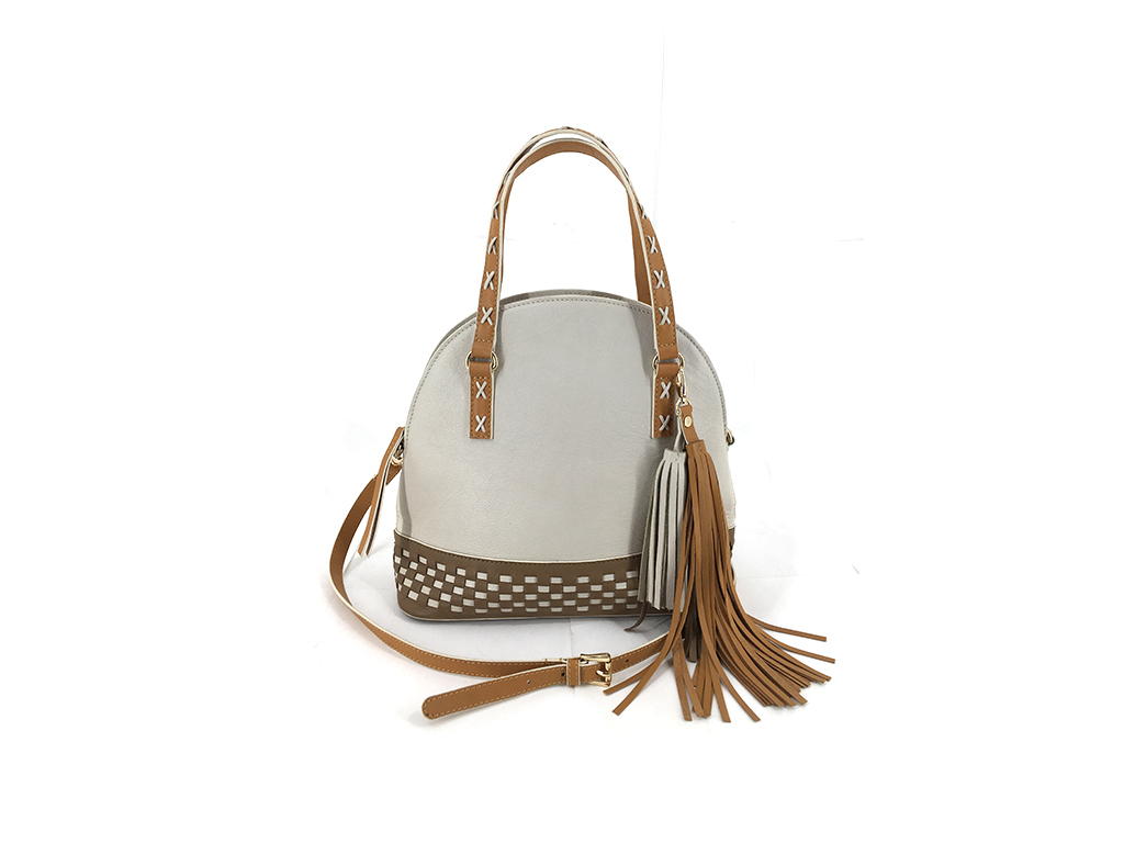 Leather handbag with bottom weaving and tassel strap ends