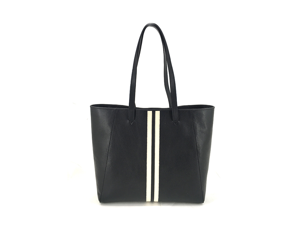 Black leather tote bag with webbing detail at front pannel