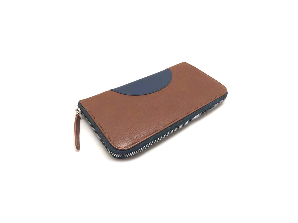 Zipper around Leather wallet with blue color leather patch